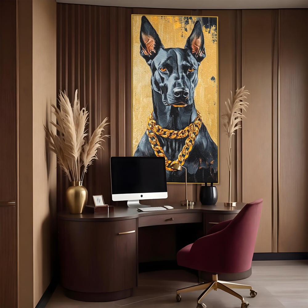 Tablou canvas cu tablou canvas cu doberman negru, in rama de aluminiu auriu, pe perete intr-un birou